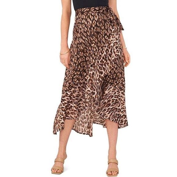 Vince Camuto Leopard Print Side Tie Ruffle Hem Satin A-Line Midi Skirt Size 3X - Picture 1 of 5